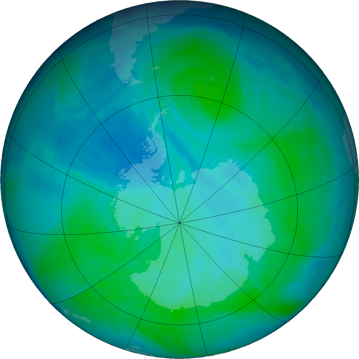 Antarctic ozone map for 13 January 2016